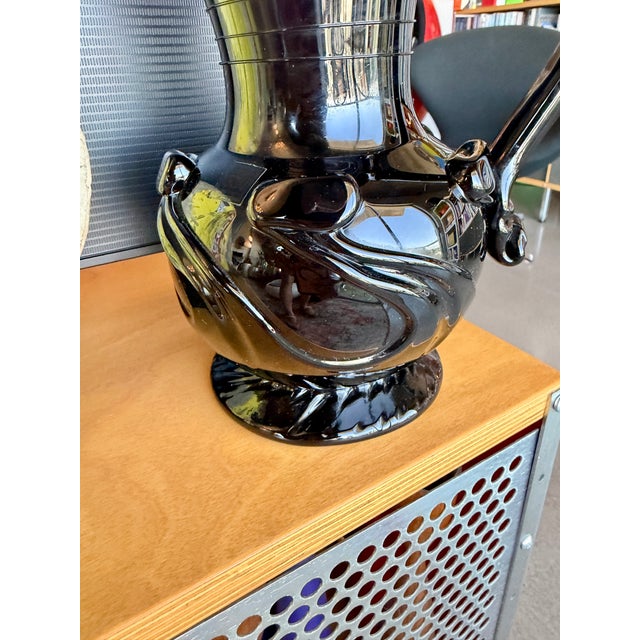 Vintage Liberty Craftworks Black Amethyst Glass Lily Pad Pitcher Garrett Vilicich Signed For Sale - Image 9 of 14