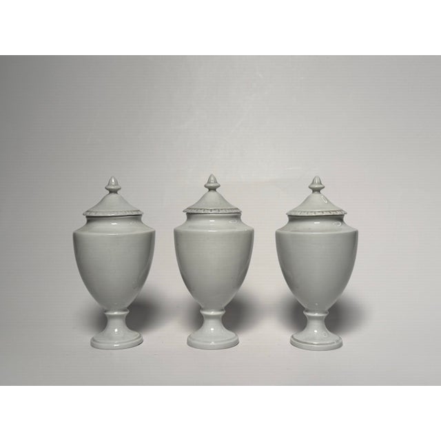 Neoclassical Vintage Small Neoclassical White Porcelain Lidded Urns, Set of 3 For Sale - Image 3 of 12