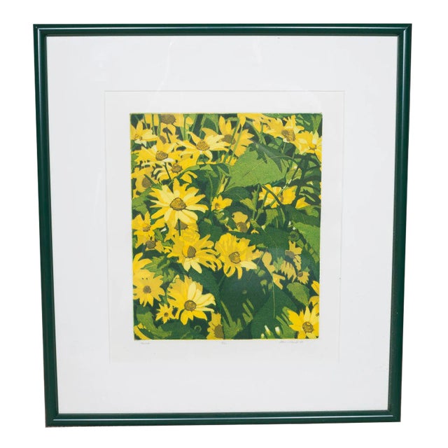 1980s Vintage Yellow Daisy Floral Lithograph by Hans Van Liempt For Sale