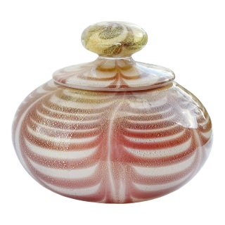 Murano Vintage Pulled Feather Purple Gold Flecks Italian Art Glass Vanity Powder Box, Mid Century Era For Sale