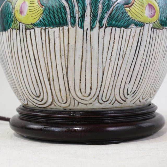 Antique Famille Rose Bok Choy Porcelain Table Lamp With Cabbage Leaf and Butterfly Motif For Sale - Image 10 of 14