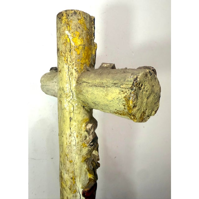 Large 1700's Antique Polychromed Carved Folk Art Wood Religious Crucifix Cross For Sale - Image 17 of 18