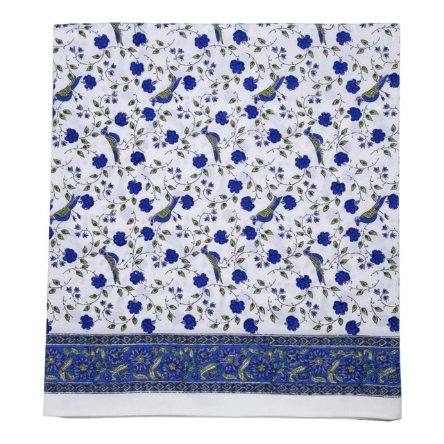Birds on Vine Flat Sheet, Queen - Blue For Sale