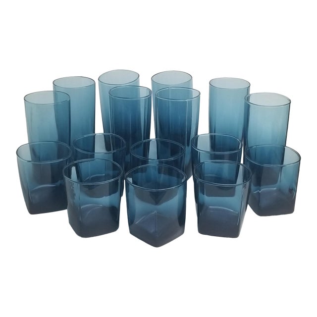 MidCentury Dark Blue Double Old Fashioned Cocktail Glasses With Square