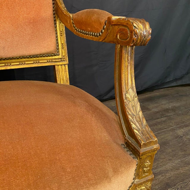 Mid 19th Century Antique French Louis XVI Giltwood Mohair Armchairs From Salon Set -a Pair For Sale - Image 5 of 13