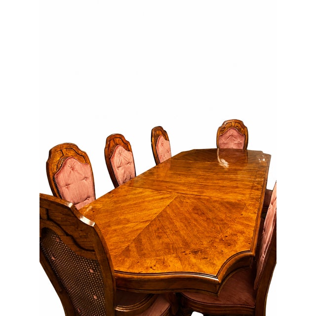 Vintage Figured Wood Double-Pedestal Dining Table With Eight Rose Upholstered Cane-Back Chairs — Nine-Piece Set For Sale - Image 14 of 18