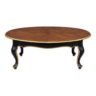 Late 20th Century French Provincial Oval Coffee Table in Onyx Black & Tobacco Walnut With Bookmatched Veneer Top For Sale