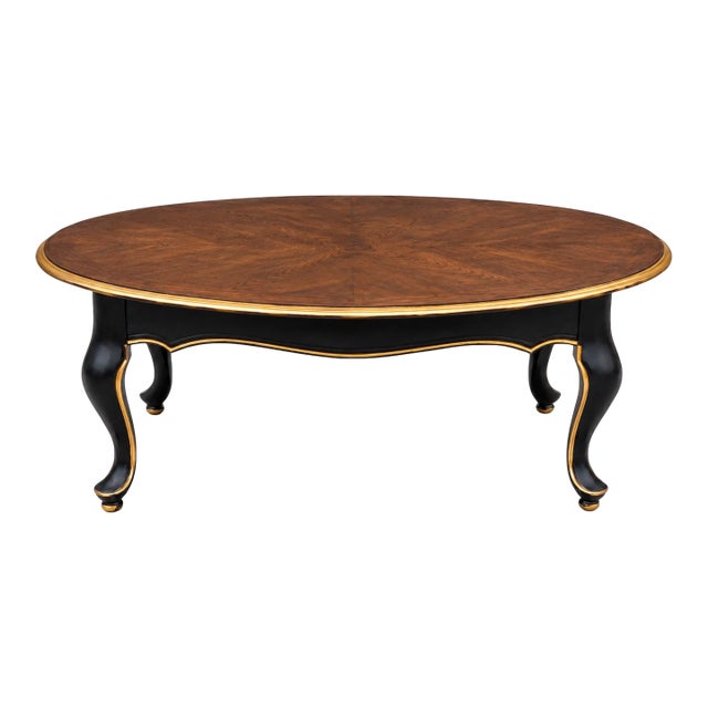 Late 20th Century French Provincial Oval Coffee Table in Onyx Black & Tobacco Walnut With Bookmatched Veneer Top For Sale