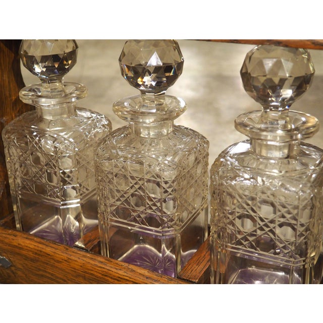 19th Century 3-Bottle English Oak and Silver Plated Locking Decanter Set For Sale In Dallas - Image 6 of 18