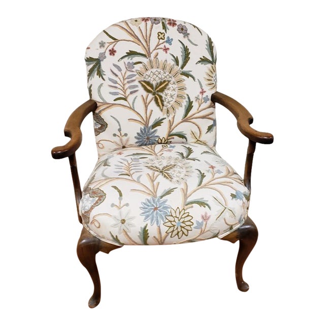 Antique Bergere Queen Anne Style Arm Chair With Crewel Embroidery Upholstery Chairish