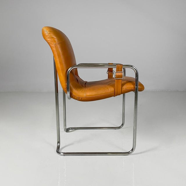 Italian Modern Brown Leather and Metal Chairs from Guido Faleschini, 1970s, Set of 4 For Sale - Image 6 of 18