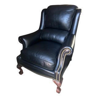 Hancock & Moore Deep Navy Blue Leather Wingback Armchair With Ball and Claw Feet For Sale