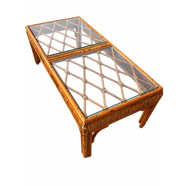 Wood Vintage Split Bamboo & Rattan Glass Top Coffee Table | Coastal Hollywood Regency Woven Cane Style For Sale - Image 7 of 10