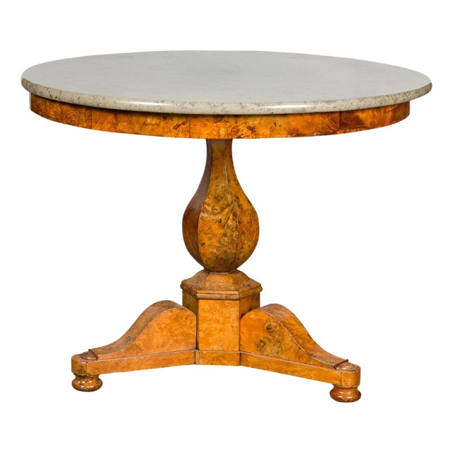 19th Century French Empire Walnut Pedestal Table with Round Marble Top and Tripod Base For Sale