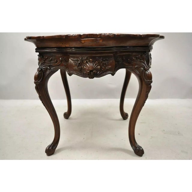 Early 20th Century Antique French Louis XV Walnut Coffee Table W/ Angelica Kauffman Porcelain Dish For Sale - Image 5 of 11