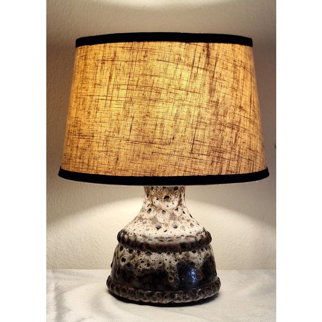 Vintage Pan Table Lamp with Fat Lava Brown Ceramic Base and Beige Fabric Shade, 1970s, in Very Good conditions. Designed...