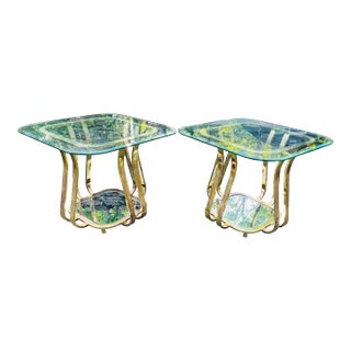 Vintage Brass and Glass Side Tables Hollywood Regency Glam Era, Pair For Sale