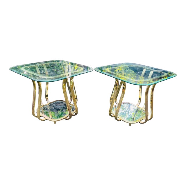 Vintage Brass and Glass Side Tables Hollywood Regency Glam Era, Pair For Sale