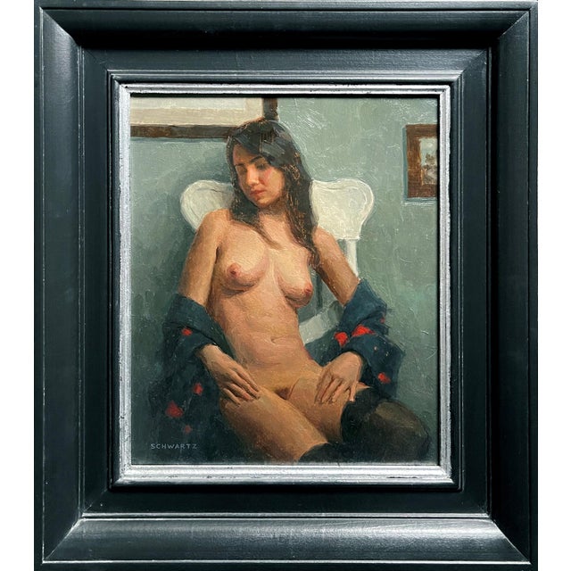 The painting depicts a seated figure, exuding a sense of introspection as she gazes away from the viewer. The soft, muted...