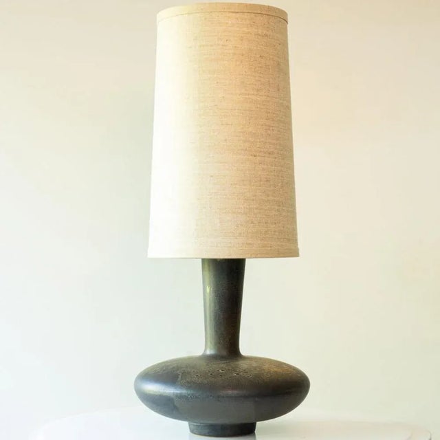 Dark Brown Ceramic Table Lamp with Silk Lampshade attributed to R. Houben, 1970s For Sale - Image 9 of 11
