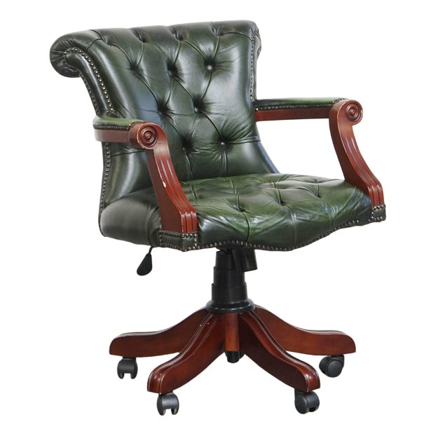 English Green Cowhide Chesterfield Desk Chair on Wheels For Sale