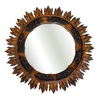 Spanish Baroque Style Sunburst Mirror in Giltwood with Polychrome Flower Detail, 1940s For Sale