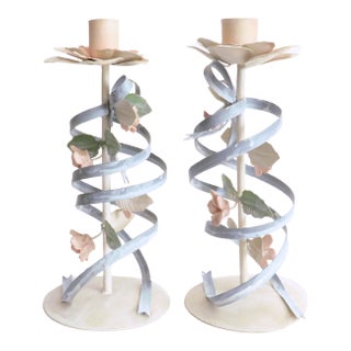 Italian Tole Ribbon & Floral Candlesticks, a Pair (2 Sets Are Available) For Sale