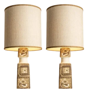 Brown-Beige Ceramic Floor or Table Lamps with Lampshades attributed to R. Houben, 1960s, Set of 2