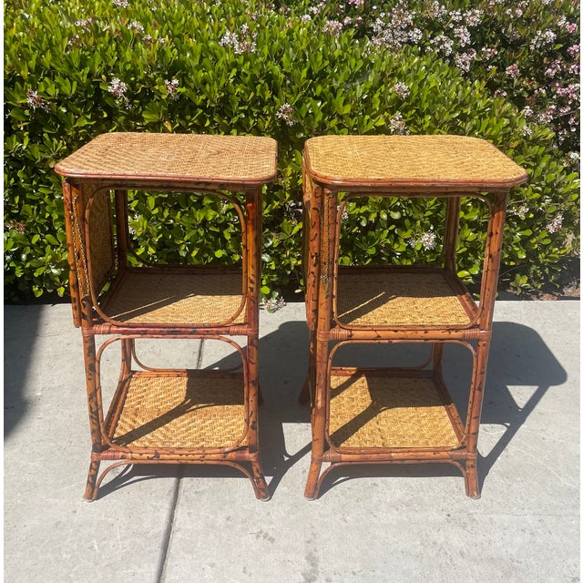 2 Vintage Rattan Bamboo Nightstands End Tables, Drop Down Shelf For Sale - Image 4 of 9