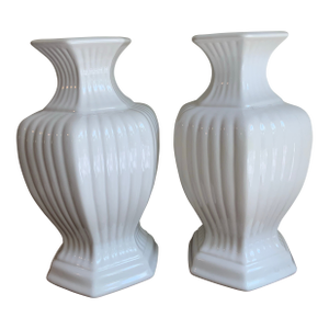 Pair of 14” White Ribbed Ceramic Ginger Jar Vases for Palm Beach Regency & Grandmillennial Decor Plus More! See Photos!