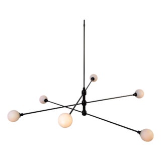Three Tier Chandelier, Black, 63.5in H, 3 Inch Glass Globes, by Research.Lighting, Modern, Minimal Hanging Light For Sale