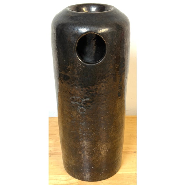 Ceramic Large Monochrome Black Glazed Studio Pottery Vase with Pierced Openings, Signed For Sale - Image 7 of 11