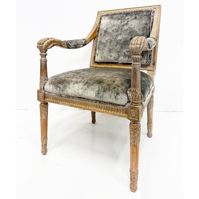 Vintage Italian Neoclassical Carved Wood Armchairs, Newly Upholstered, Pair For Sale - Image 9 of 12