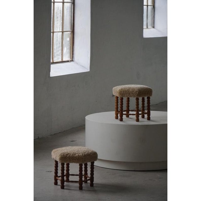Wood Mid-Century Danish Oak Stools with Hexagonal Seats and Bobbin Legs, 1950s, Set of 2 For Sale - Image 7 of 15