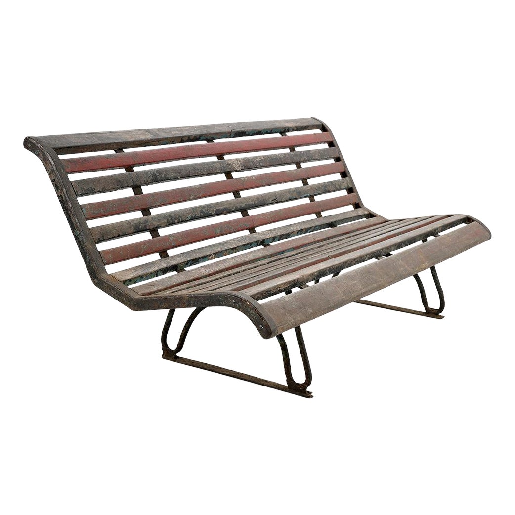 Public Bench in Wood and Patinated Iron | Chairish