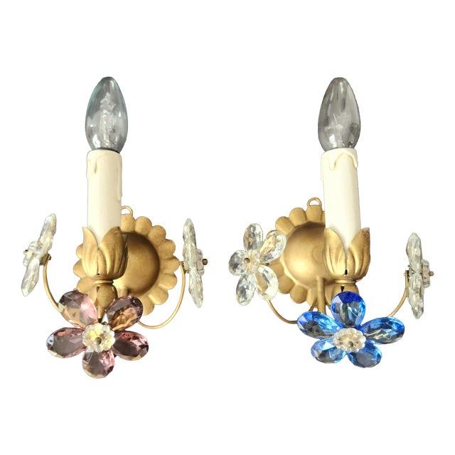 Gilt Floral Wall Lamps with Murano Glass Flowers, Italy, 1960s, Set of 2 For Sale