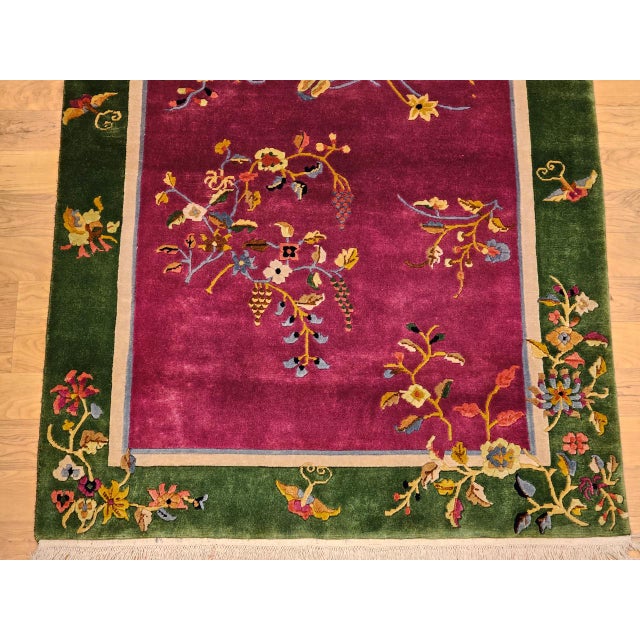 Vintage Chinese Art Deco Area Rug, Handwoven Wool Pile, Floral Design, 4' x 6' For Sale - Image 12 of 18