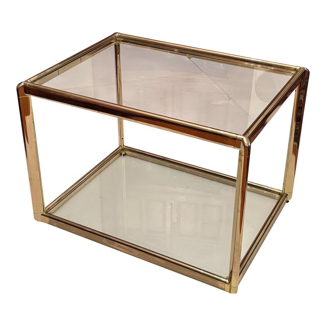 Mid-Century Modern Two-Tier Glass Top Brass Side Table For Sale