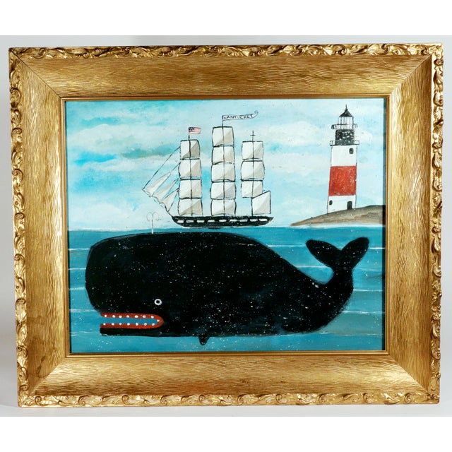 Melinda Kirkpatrick Folk Art Painting of a Whale and Ship, “Whale at Harbor” For Sale - Image 10 of 10