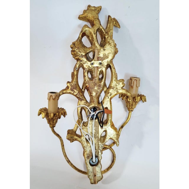 Vintage Italian Mid-Century Modern Metal & Gilt Carved Wood Floral Wall Sconce For Sale - Image 9 of 9