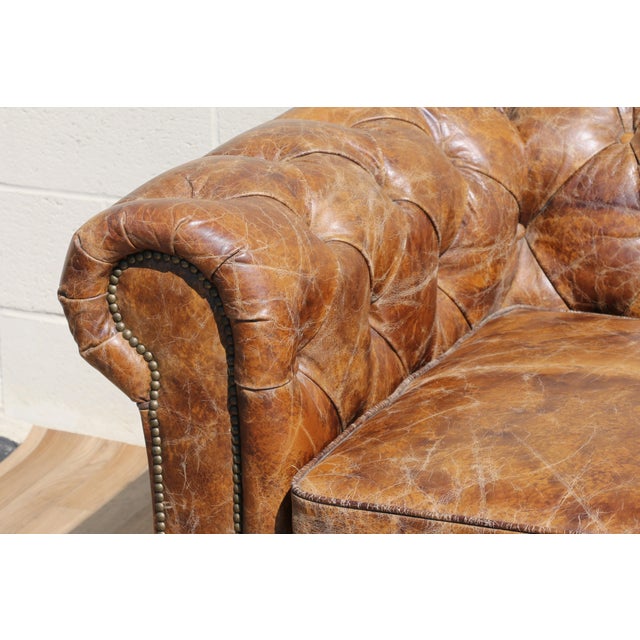 Early 21st Century Industrial Distressed Brown Leather Chesterfield Sofa – Three Seat Tufted Sofa With Nailhead Trim & Casters For Sale - Image 5 of 18