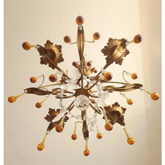 Floral Five-Light Gilded Ceiling Lamp with Crystals and Murano Glass Crystal Drops, 1960s For Sale - Image 14 of 18