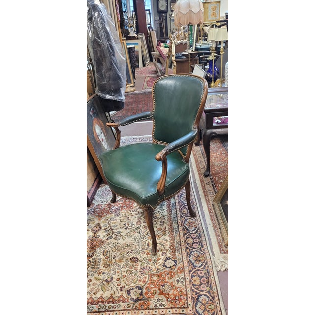 Wood Antique French Green Leather Arm Chair For Sale - Image 7 of 13