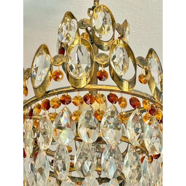 Vintage 1980s French Style Crown Crystal Chandelier with Amber Jewels Add timeless vintage elegance to your entryway,...