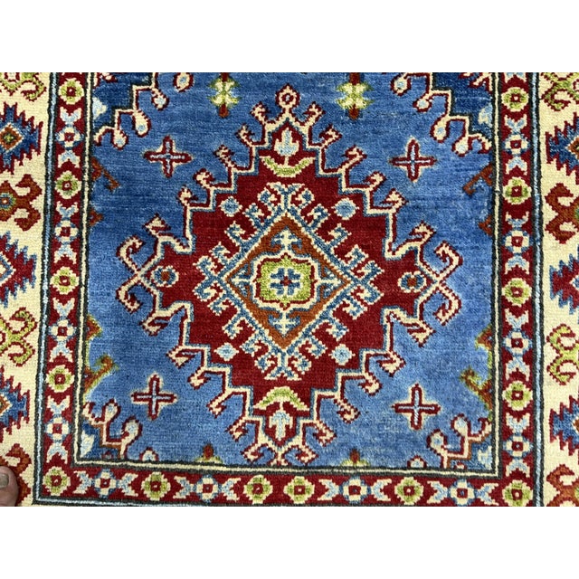 Blue and Cream Kazak Wool Runner Rug With Tribal Medallions, 2'8" X 6'11" For Sale - Image 10 of 14