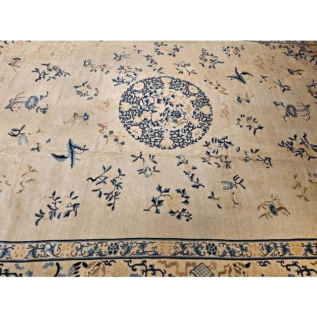 Ivory Antique Chinese Peking Oversize Rug, Wool on Cotton, All-Over Floral Design, Ivory & Blue, 12' X 18' For Sale - Image 8 of 18