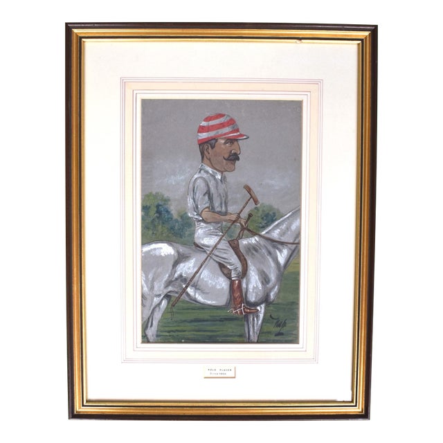 Polo Player Circa 1900 Pastel Watercolour Caricature Portrait by Nap For Sale