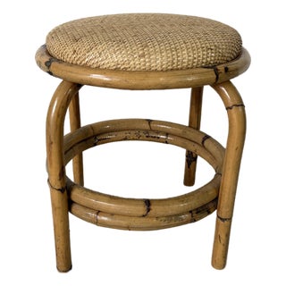 Vintage Coastal Bamboo & Woven Wicker Round Ottoman For Sale