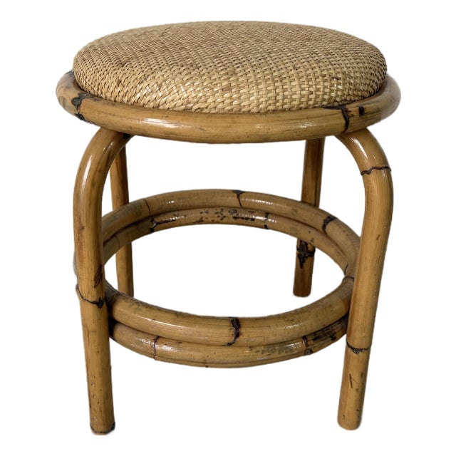 Vintage Coastal Bamboo & Woven Wicker Round Ottoman For Sale