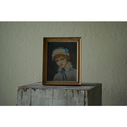 Lovely Interbellum Oil Portrait of a Woman in Flowered Bonnet Belgium 1920s A lovely oil portrait of a young woman in a...